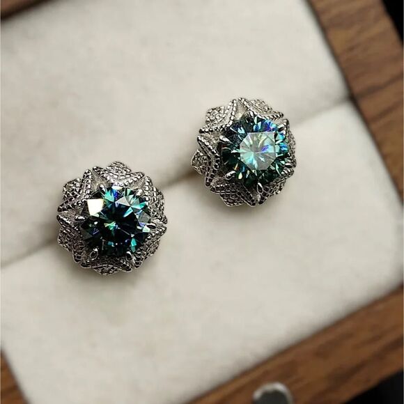 Certified 2ct Blue Green Moissanite Luxury Stud Earrings - Picture 6 of 8